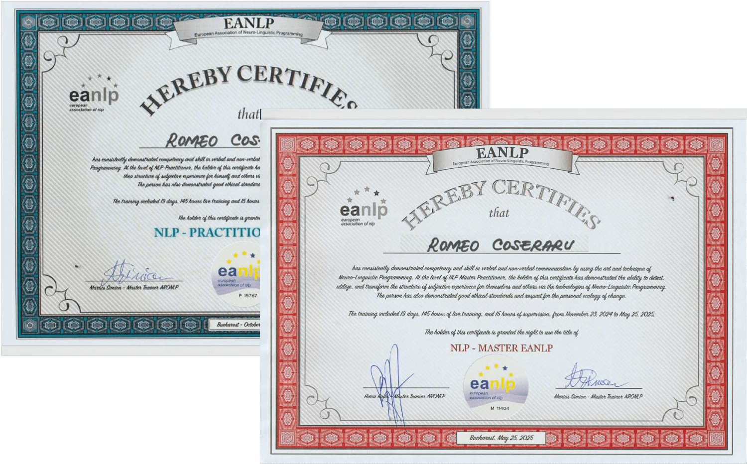 NLP Practitioner și Master Diplomas Romeo Coseraru - Certificari EANLP